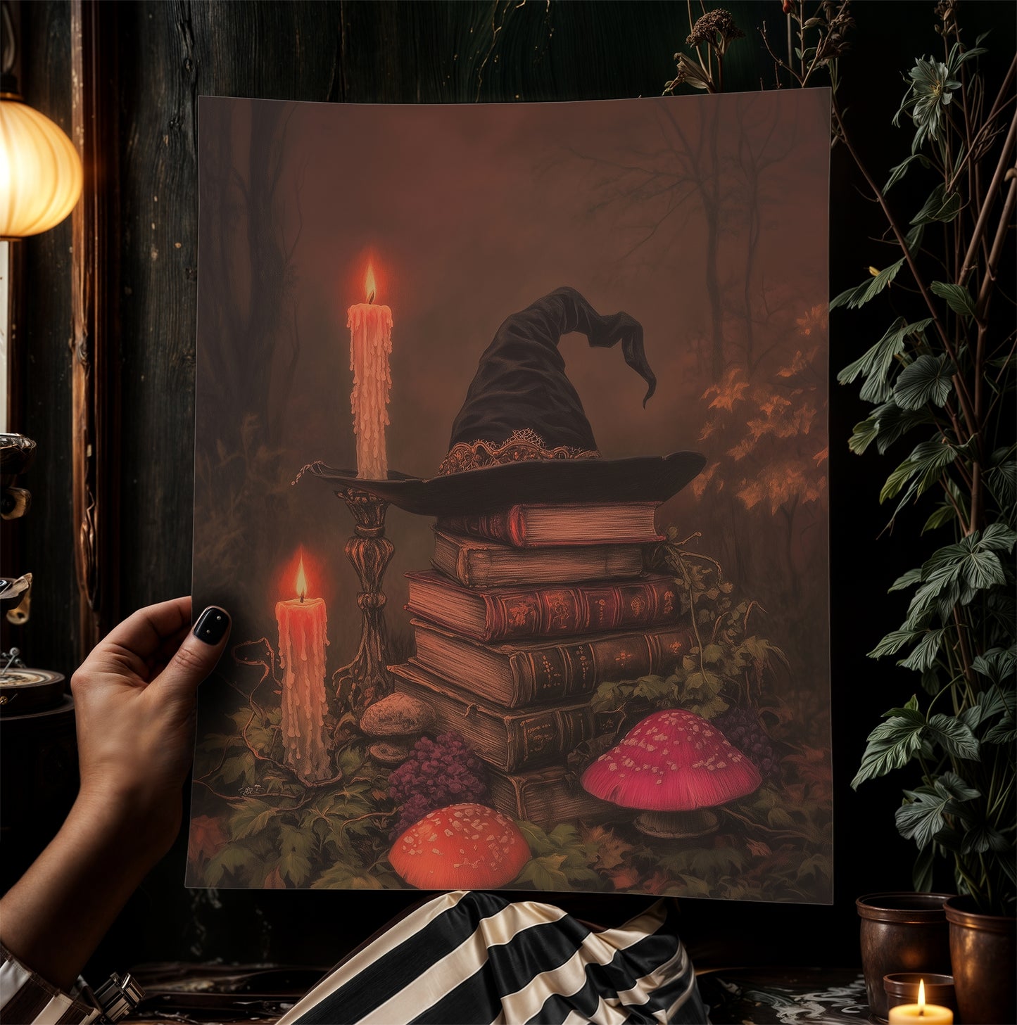 Witch Hat Halloween Wall Art Print, Dark Academia Autumn Decor with Candles and Books Poster, Cottagecore Spooky Whimsigoth Painting