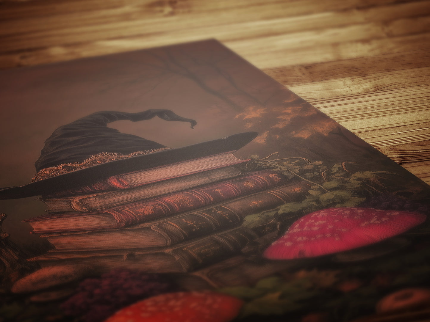 Witch Hat Halloween Wall Art Print, Dark Academia Autumn Decor with Candles and Books Poster, Cottagecore Spooky Whimsigoth Painting