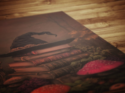 Witch Hat Halloween Wall Art Print, Dark Academia Autumn Decor with Candles and Books Poster, Cottagecore Spooky Whimsigoth Painting