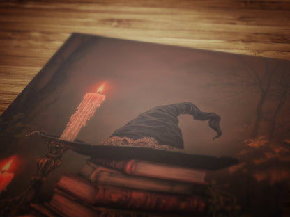 Witch Hat Halloween Wall Art Print, Dark Academia Autumn Decor with Candles and Books Poster, Cottagecore Spooky Whimsigoth Painting