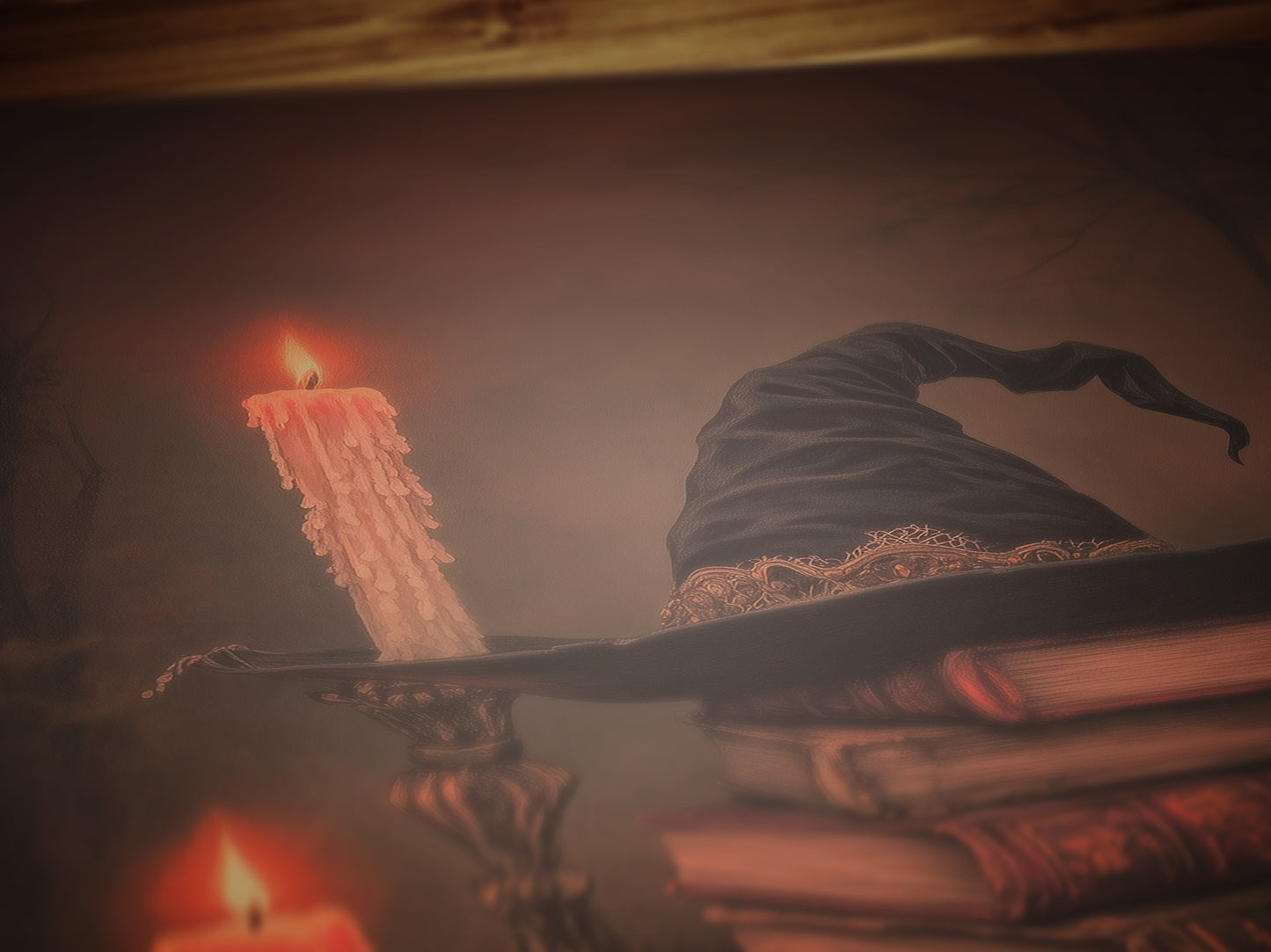 Witch Hat Halloween Wall Art Print, Dark Academia Autumn Decor with Candles and Books Poster, Cottagecore Spooky Whimsigoth Painting