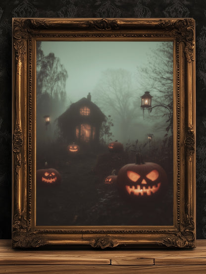 Spooky Jack-O’-Lantern Halloween Wall Art, Haunted Cottagecore Autumn Wall Decor, Dark Academia Prints, Whimsigoth Witchy House Poster