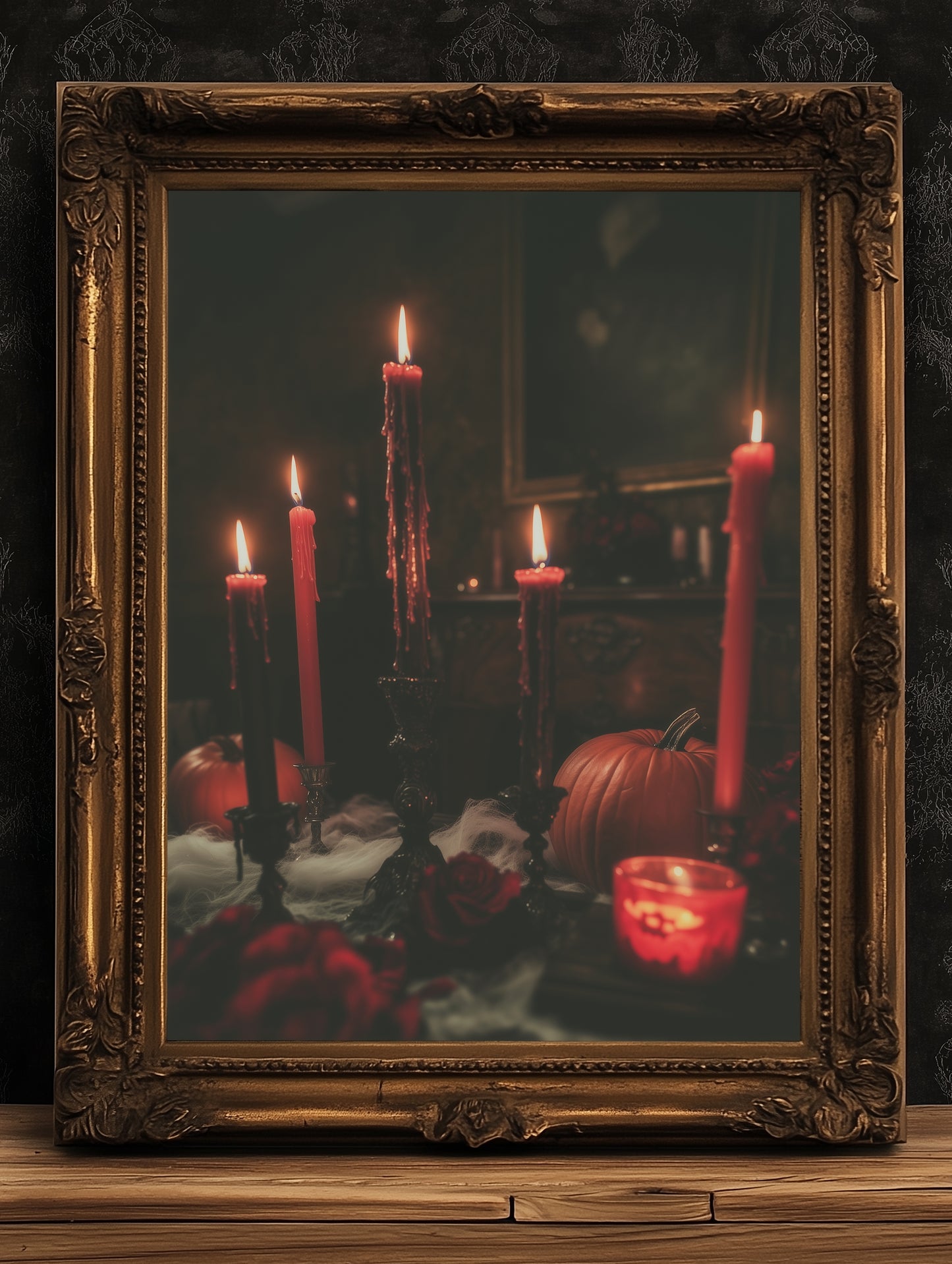 Gothic Halloween Candlelight Wall Art, Pumpkins and Red Candles, Witchy Dark Academia Prints, Whimsigoth Poster, Spooky Autumn Decor