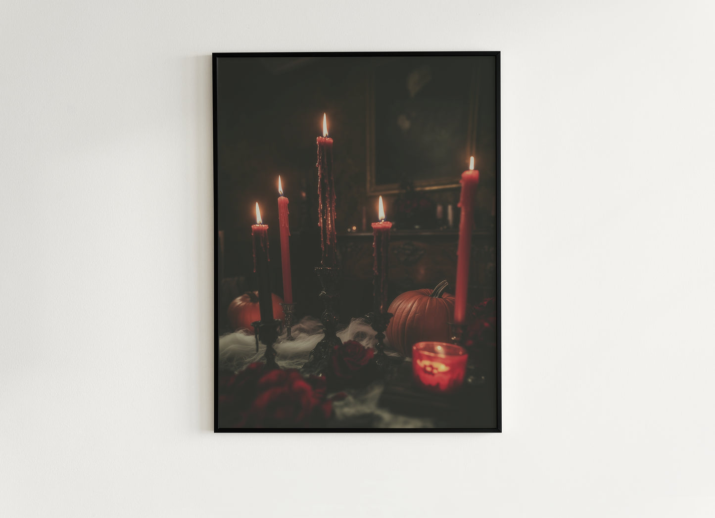 Gothic Halloween Candlelight Wall Art, Pumpkins and Red Candles, Witchy Dark Academia Prints, Whimsigoth Poster, Spooky Autumn Decor