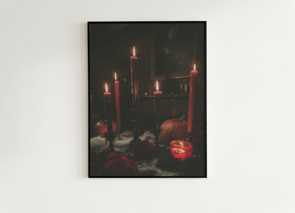 Gothic Halloween Candlelight Wall Art, Pumpkins and Red Candles, Witchy Dark Academia Prints, Whimsigoth Poster, Spooky Autumn Decor