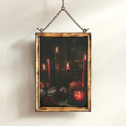 Gothic Halloween Candlelight Wall Art, Pumpkins and Red Candles, Witchy Dark Academia Prints, Whimsigoth Poster, Spooky Autumn Decor