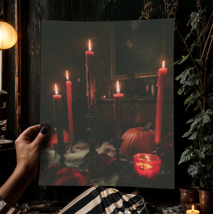 Gothic Halloween Candlelight Wall Art, Pumpkins and Red Candles, Witchy Dark Academia Prints, Whimsigoth Poster, Spooky Autumn Decor