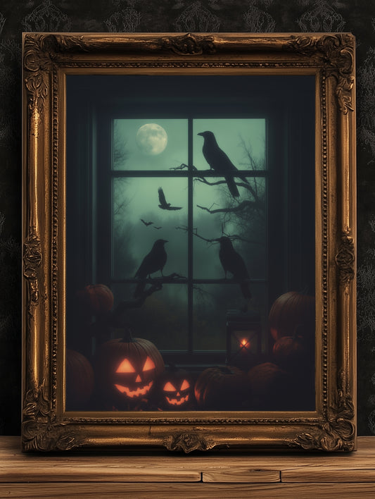 Raven Window Halloween Wall Art Print, Pumpkins, Crows and Moon Poster, Spooky Whimsigoth Decor for Dark Academia or Witchy Gothic Interiors