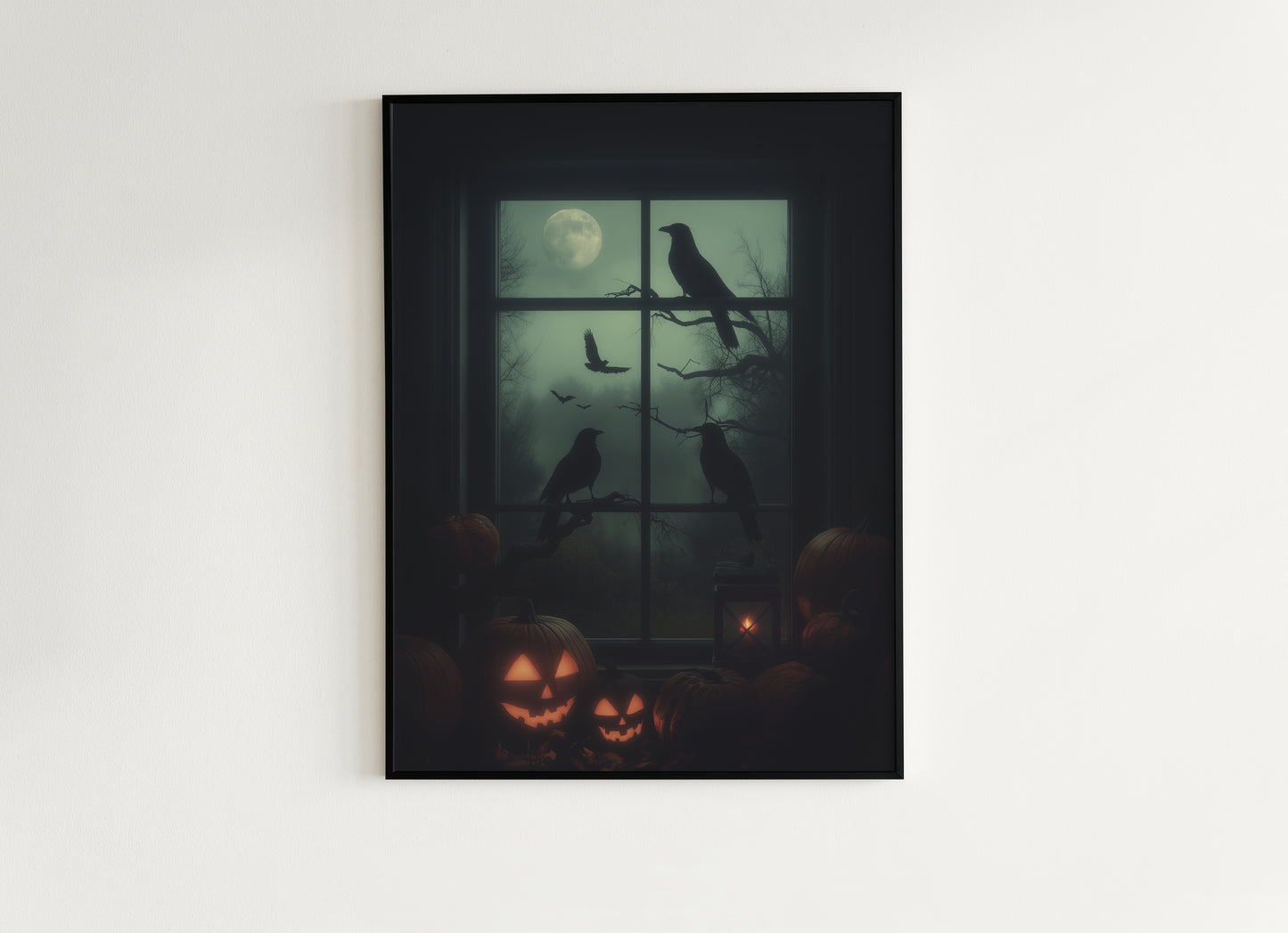 Raven Window Halloween Wall Art Print, Pumpkins, Crows and Moon Poster, Spooky Whimsigoth Decor for Dark Academia or Witchy Gothic Interiors