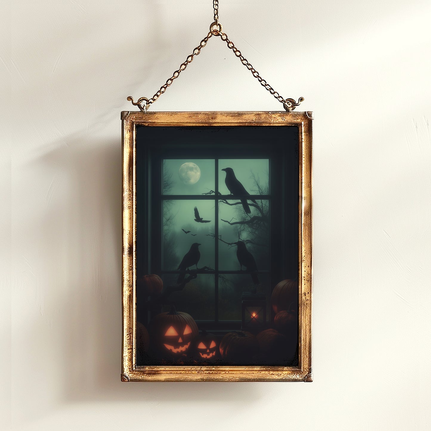 Raven Window Halloween Wall Art Print, Pumpkins, Crows and Moon Poster, Spooky Whimsigoth Decor for Dark Academia or Witchy Gothic Interiors