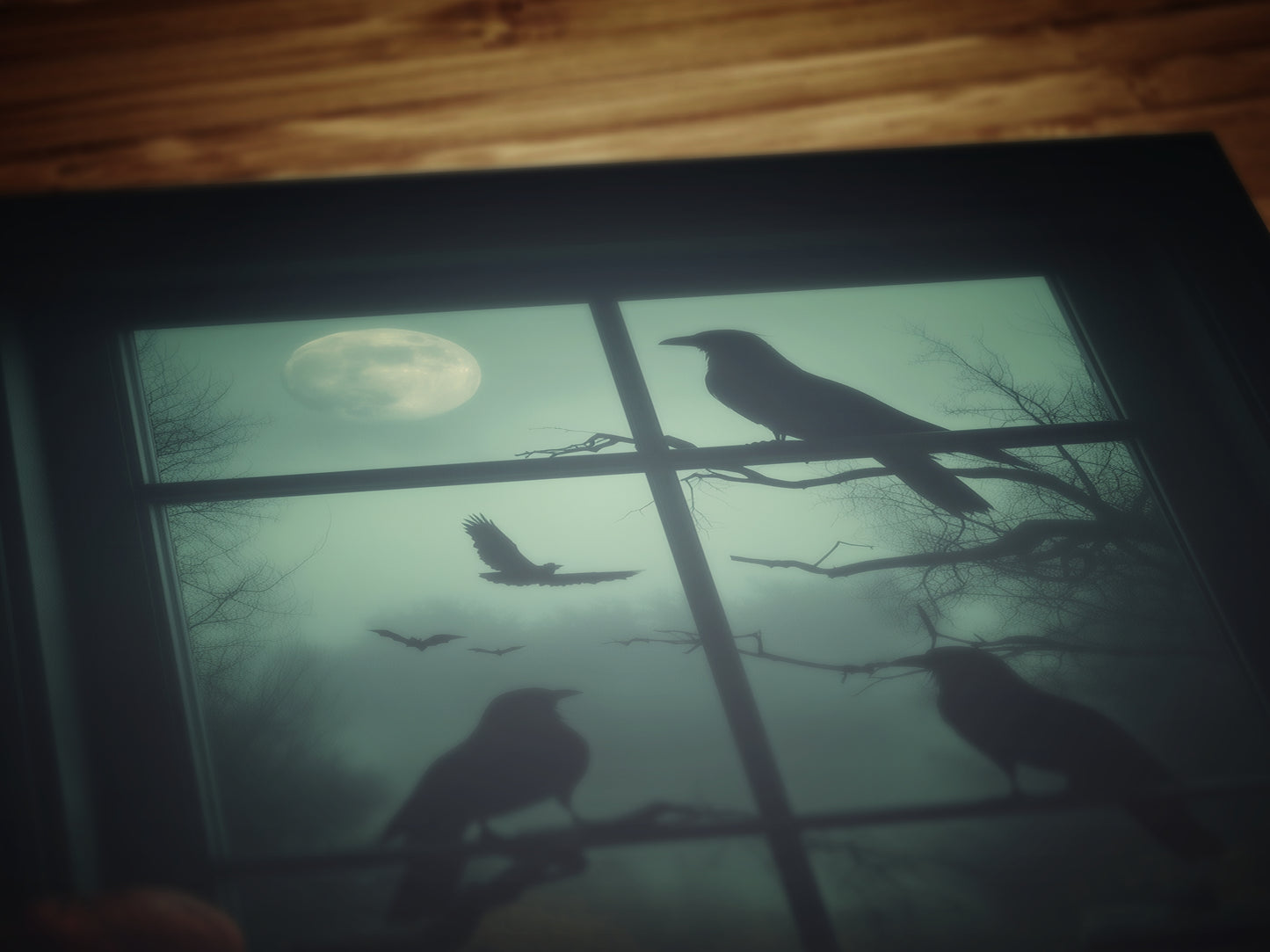 Raven Window Halloween Wall Art Print, Pumpkins, Crows and Moon Poster, Spooky Whimsigoth Decor for Dark Academia or Witchy Gothic Interiors