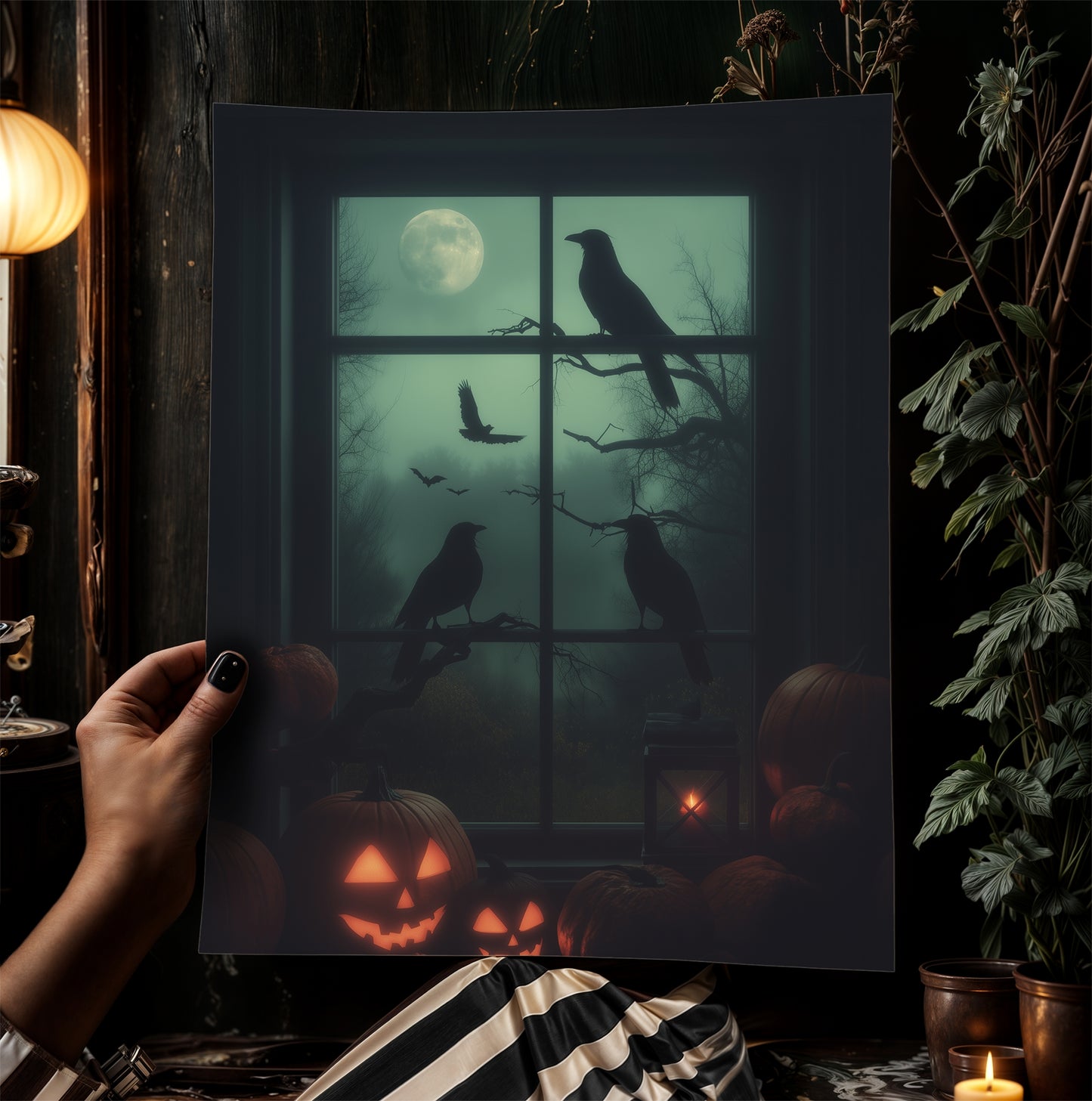 Raven Window Halloween Wall Art Print, Pumpkins, Crows and Moon Poster, Spooky Whimsigoth Decor for Dark Academia or Witchy Gothic Interiors