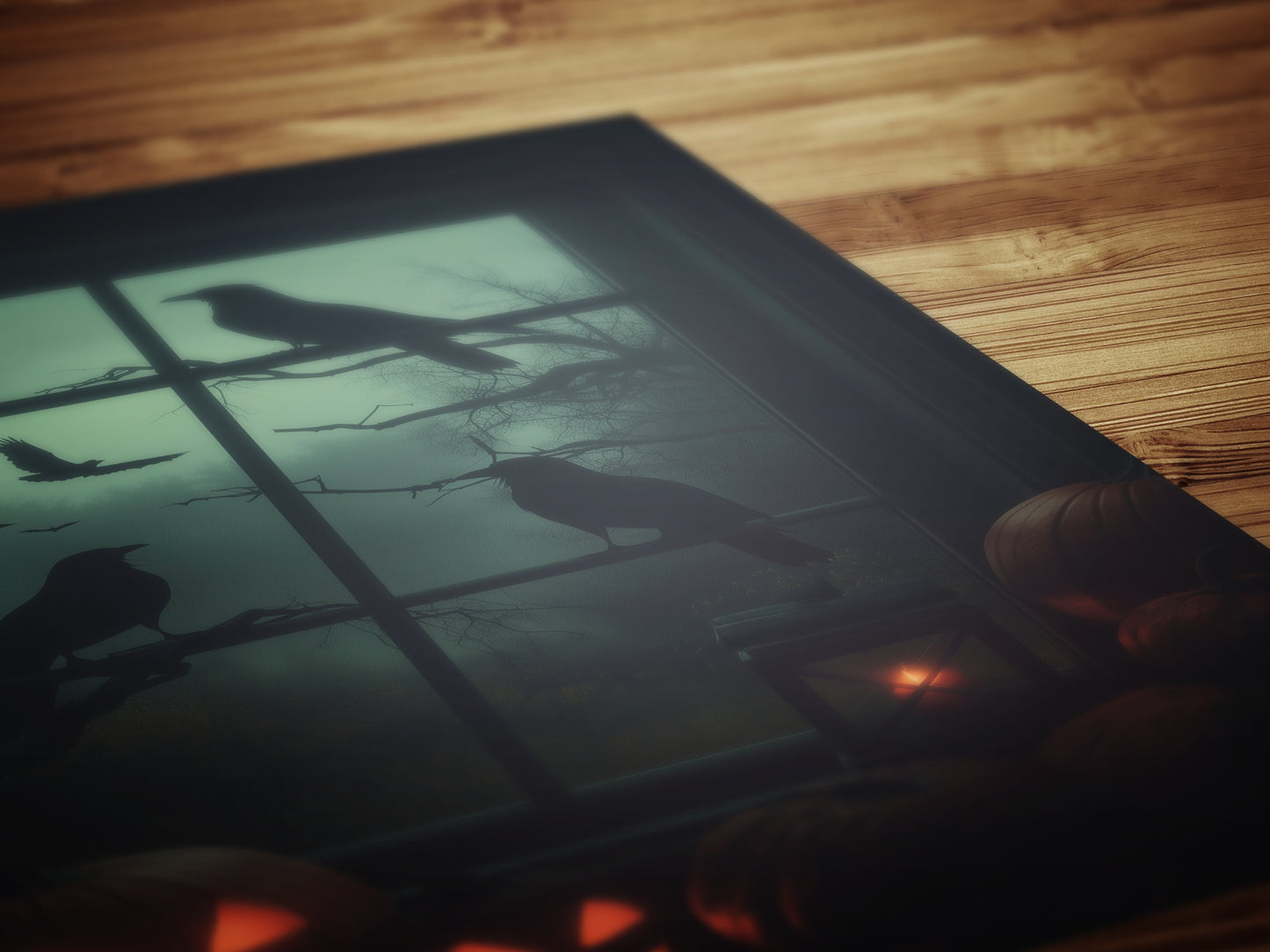 Raven Window Halloween Wall Art Print, Pumpkins, Crows and Moon Poster, Spooky Whimsigoth Decor for Dark Academia or Witchy Gothic Interiors