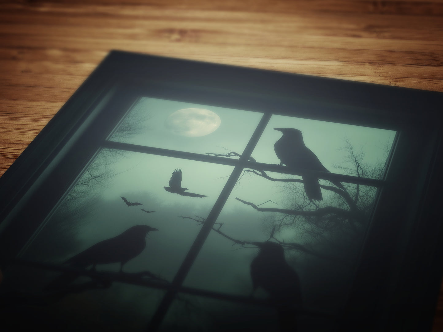 Raven Window Halloween Wall Art Print, Pumpkins, Crows and Moon Poster, Spooky Whimsigoth Decor for Dark Academia or Witchy Gothic Interiors