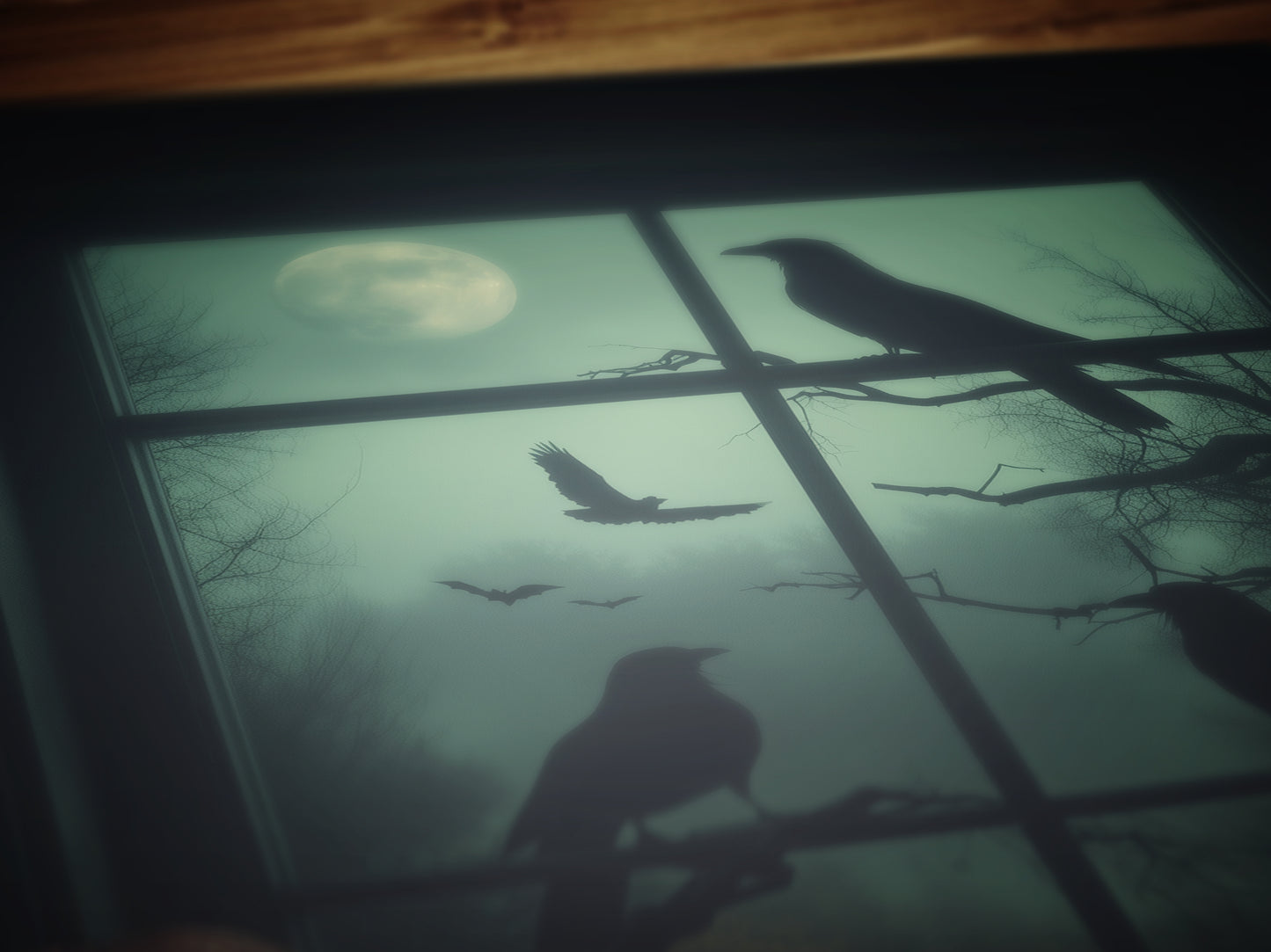 Raven Window Halloween Wall Art Print, Pumpkins, Crows and Moon Poster, Spooky Whimsigoth Decor for Dark Academia or Witchy Gothic Interiors