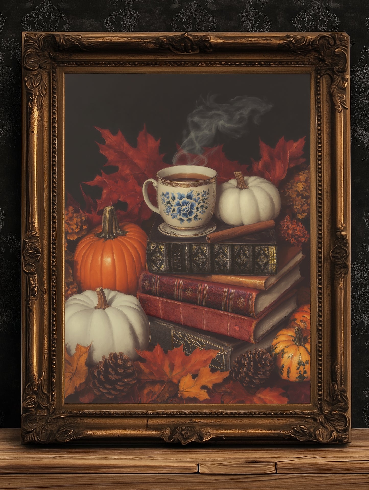 Pumpkin Spice Latte Fall Wall Art Print, Books, Cinnamon and Pumpkins, Halloween Cottagecore Print for Dark Academia, Spooky Autumn Decor