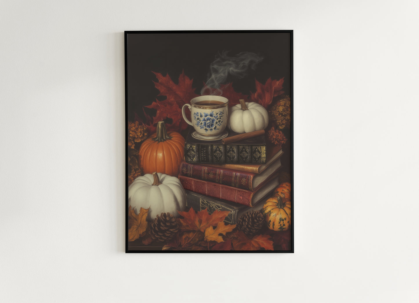 Pumpkin Spice Latte Fall Wall Art Print, Books, Cinnamon and Pumpkins, Halloween Cottagecore Print for Dark Academia, Spooky Autumn Decor