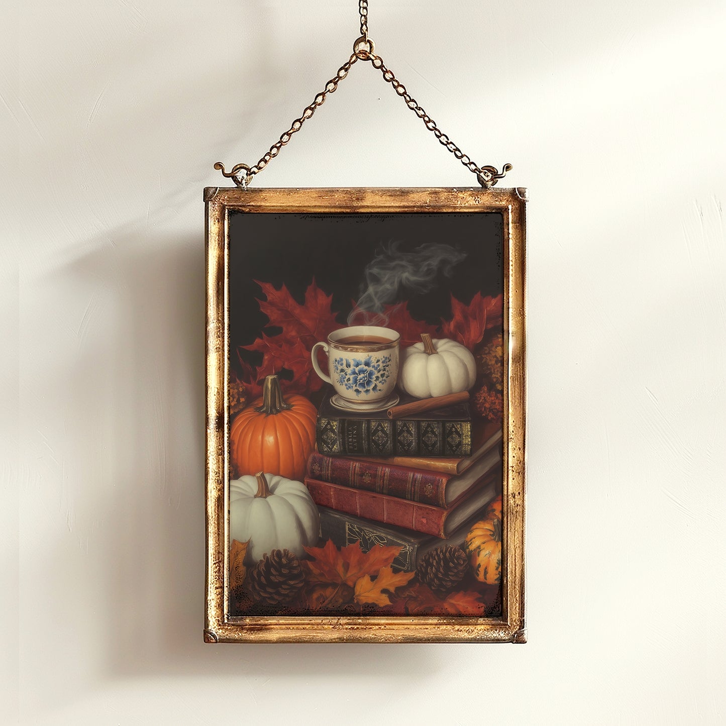 Pumpkin Spice Latte Fall Wall Art Print, Books, Cinnamon and Pumpkins, Halloween Cottagecore Print for Dark Academia, Spooky Autumn Decor