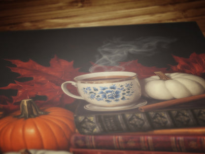 Pumpkin Spice Latte Fall Wall Art Print, Books, Cinnamon and Pumpkins, Halloween Cottagecore Print for Dark Academia, Spooky Autumn Decor