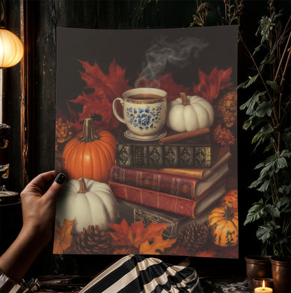 Pumpkin Spice Latte Fall Wall Art Print, Books, Cinnamon and Pumpkins, Halloween Cottagecore Print for Dark Academia, Spooky Autumn Decor