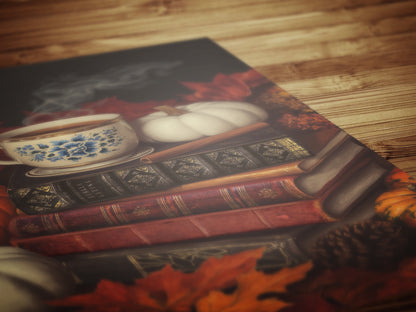 Pumpkin Spice Latte Fall Wall Art Print, Books, Cinnamon and Pumpkins, Halloween Cottagecore Print for Dark Academia, Spooky Autumn Decor