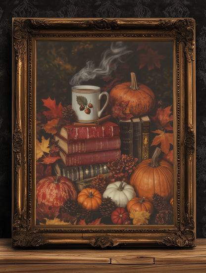Pumpkin Latte and Book Stack, Halloween Wall Art Print, Autumn Cottagecore Poster, Pumpkins and Leaves, Cozy Dark Academia Decor