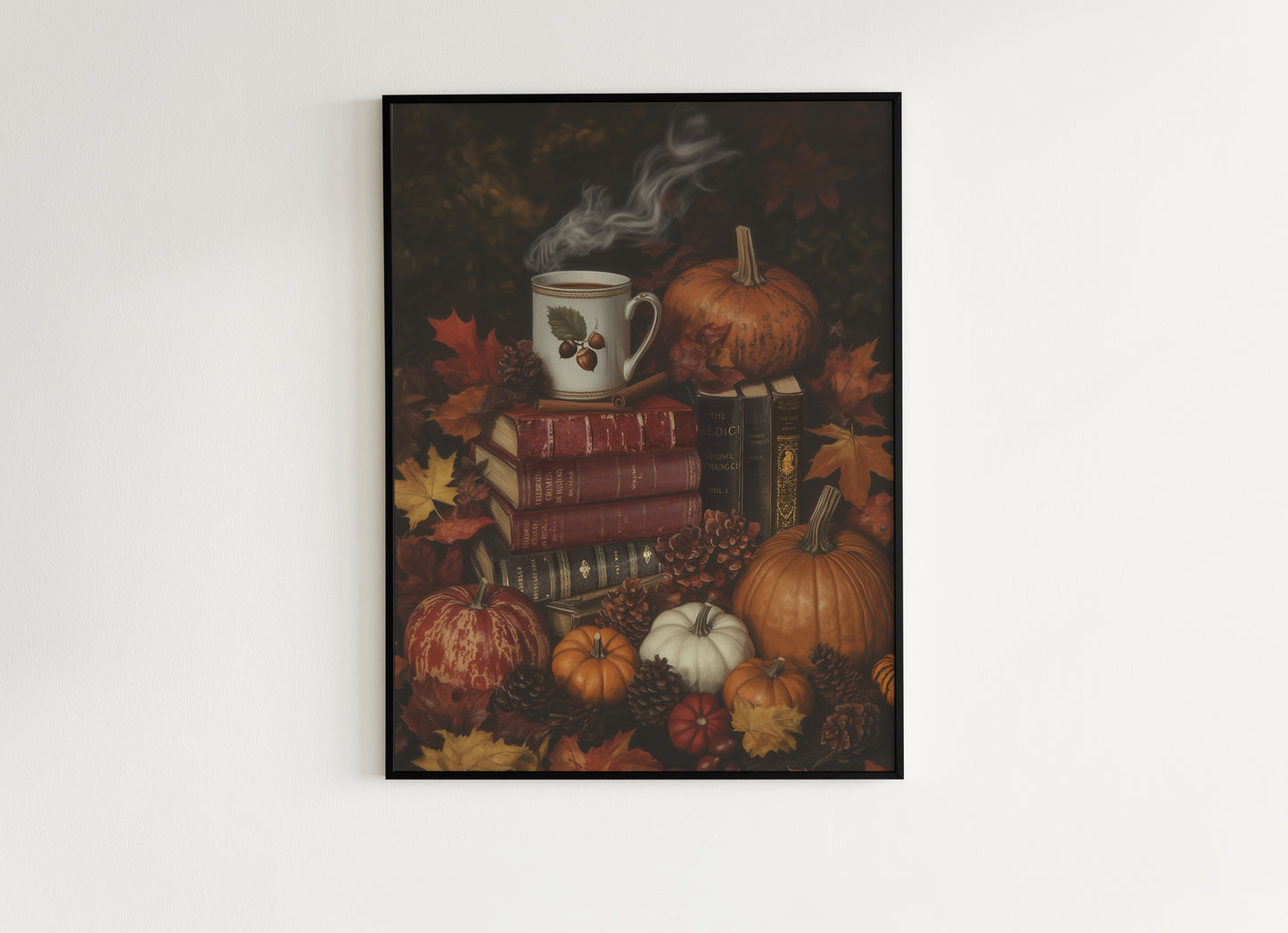 Pumpkin Latte and Book Stack, Halloween Wall Art Print, Autumn Cottagecore Poster, Pumpkins and Leaves, Cozy Dark Academia Decor