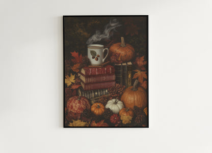 Pumpkin Latte and Book Stack, Halloween Wall Art Print, Autumn Cottagecore Poster, Pumpkins and Leaves, Cozy Dark Academia Decor