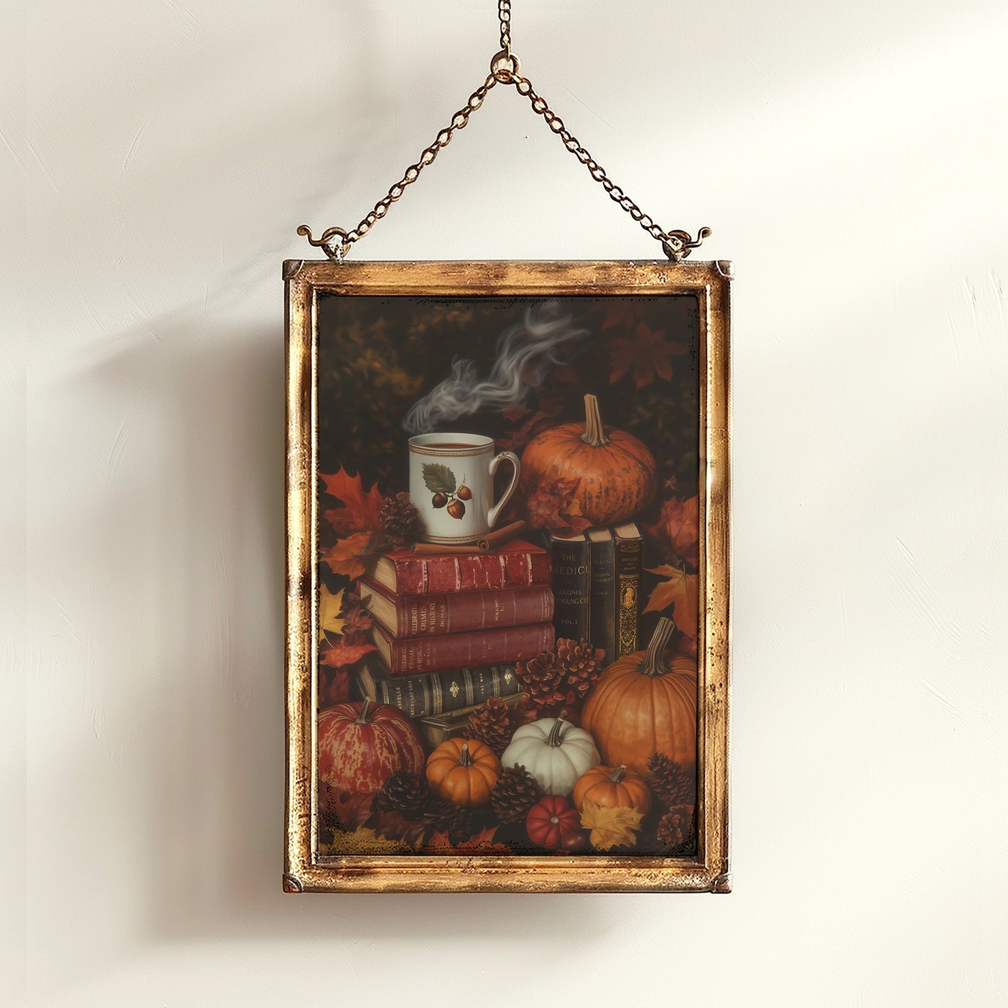 Pumpkin Latte and Book Stack, Halloween Wall Art Print, Autumn Cottagecore Poster, Pumpkins and Leaves, Cozy Dark Academia Decor