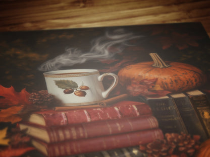 Pumpkin Latte and Book Stack, Halloween Wall Art Print, Autumn Cottagecore Poster, Pumpkins and Leaves, Cozy Dark Academia Decor