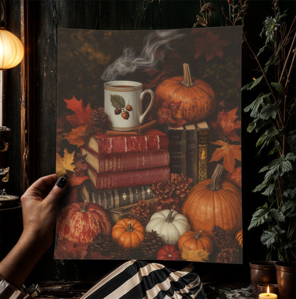 Pumpkin Latte and Book Stack, Halloween Wall Art Print, Autumn Cottagecore Poster, Pumpkins and Leaves, Cozy Dark Academia Decor