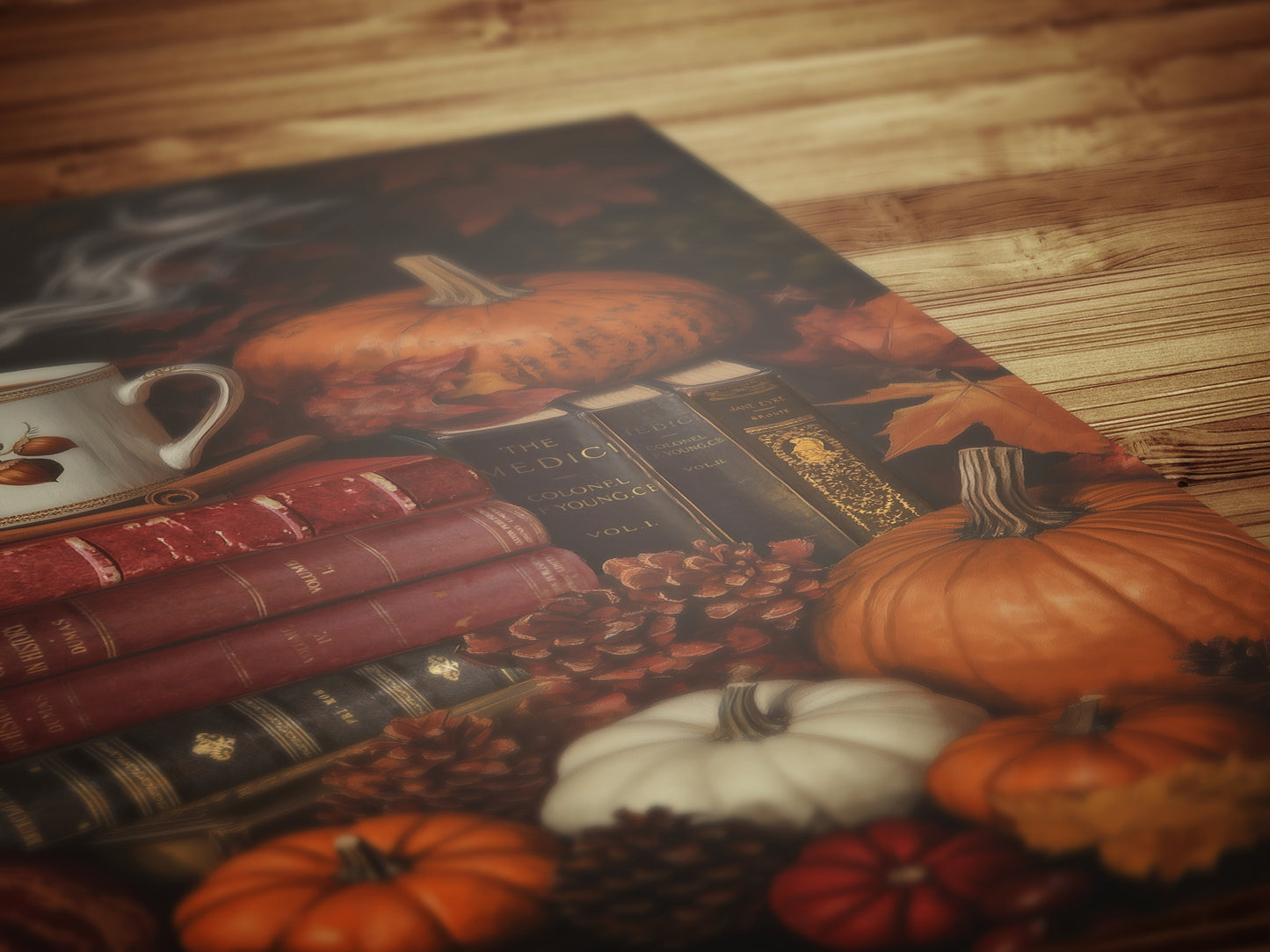 Pumpkin Latte and Book Stack, Halloween Wall Art Print, Autumn Cottagecore Poster, Pumpkins and Leaves, Cozy Dark Academia Decor