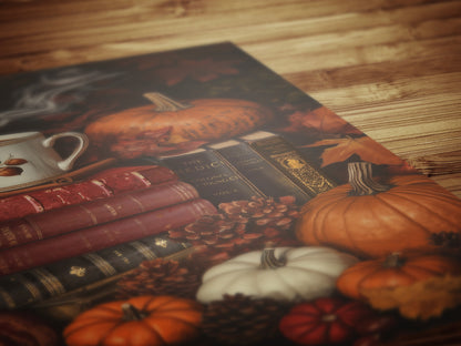 Pumpkin Latte and Book Stack, Halloween Wall Art Print, Autumn Cottagecore Poster, Pumpkins and Leaves, Cozy Dark Academia Decor