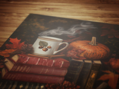 Pumpkin Latte and Book Stack, Halloween Wall Art Print, Autumn Cottagecore Poster, Pumpkins and Leaves, Cozy Dark Academia Decor