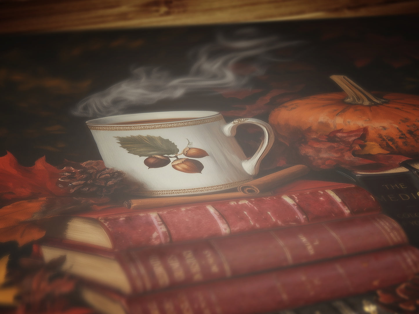 Pumpkin Latte and Book Stack, Halloween Wall Art Print, Autumn Cottagecore Poster, Pumpkins and Leaves, Cozy Dark Academia Decor