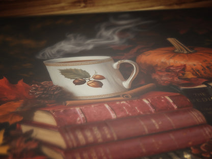 Pumpkin Latte and Book Stack, Halloween Wall Art Print, Autumn Cottagecore Poster, Pumpkins and Leaves, Cozy Dark Academia Decor