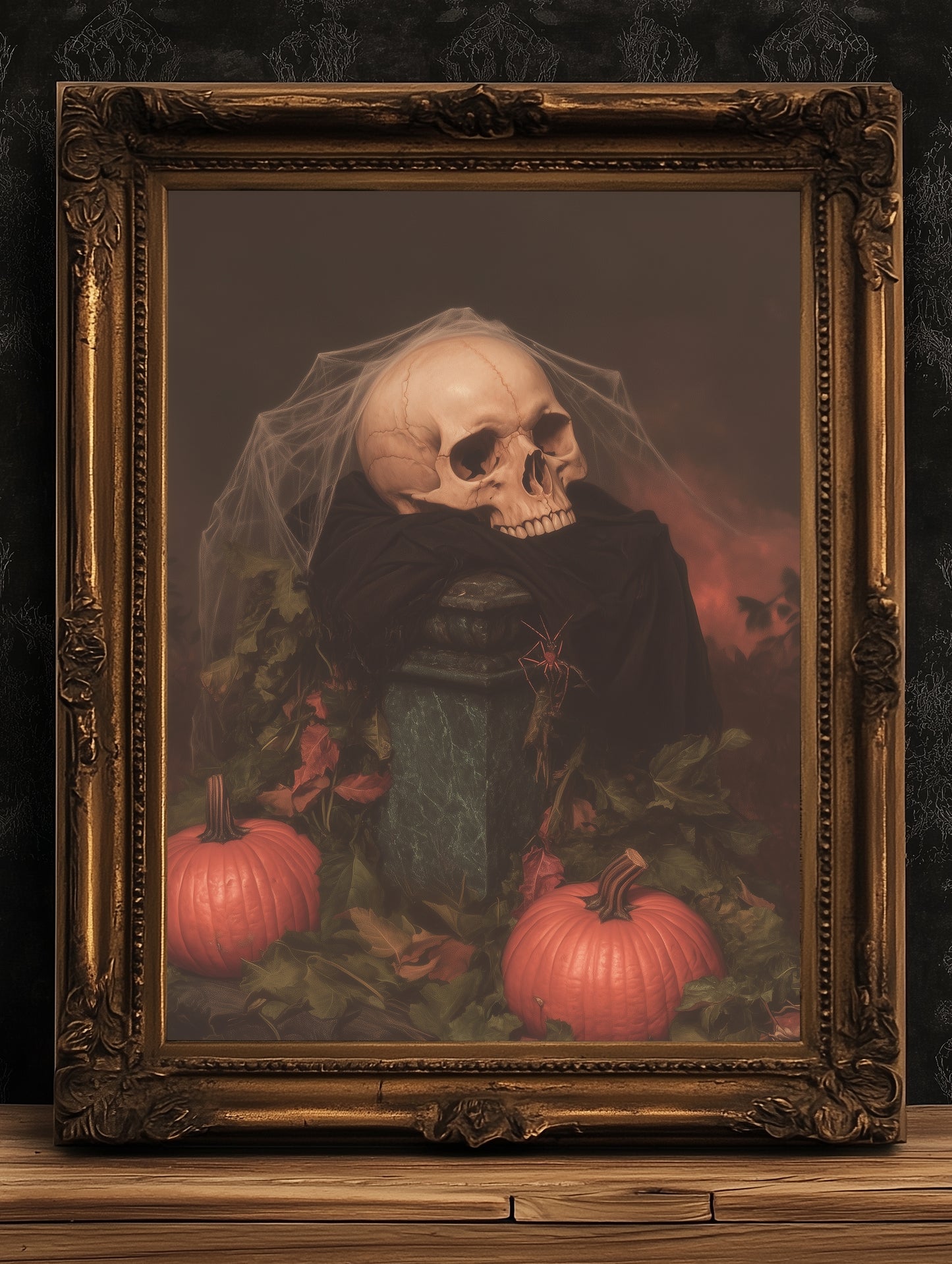 Vintage Skull and Pumpkin Halloween Wall Art Print, Autumn Spooky Vibes Poster, Dark Academia Decor, Witchy Interiors, Cottagecore Painting