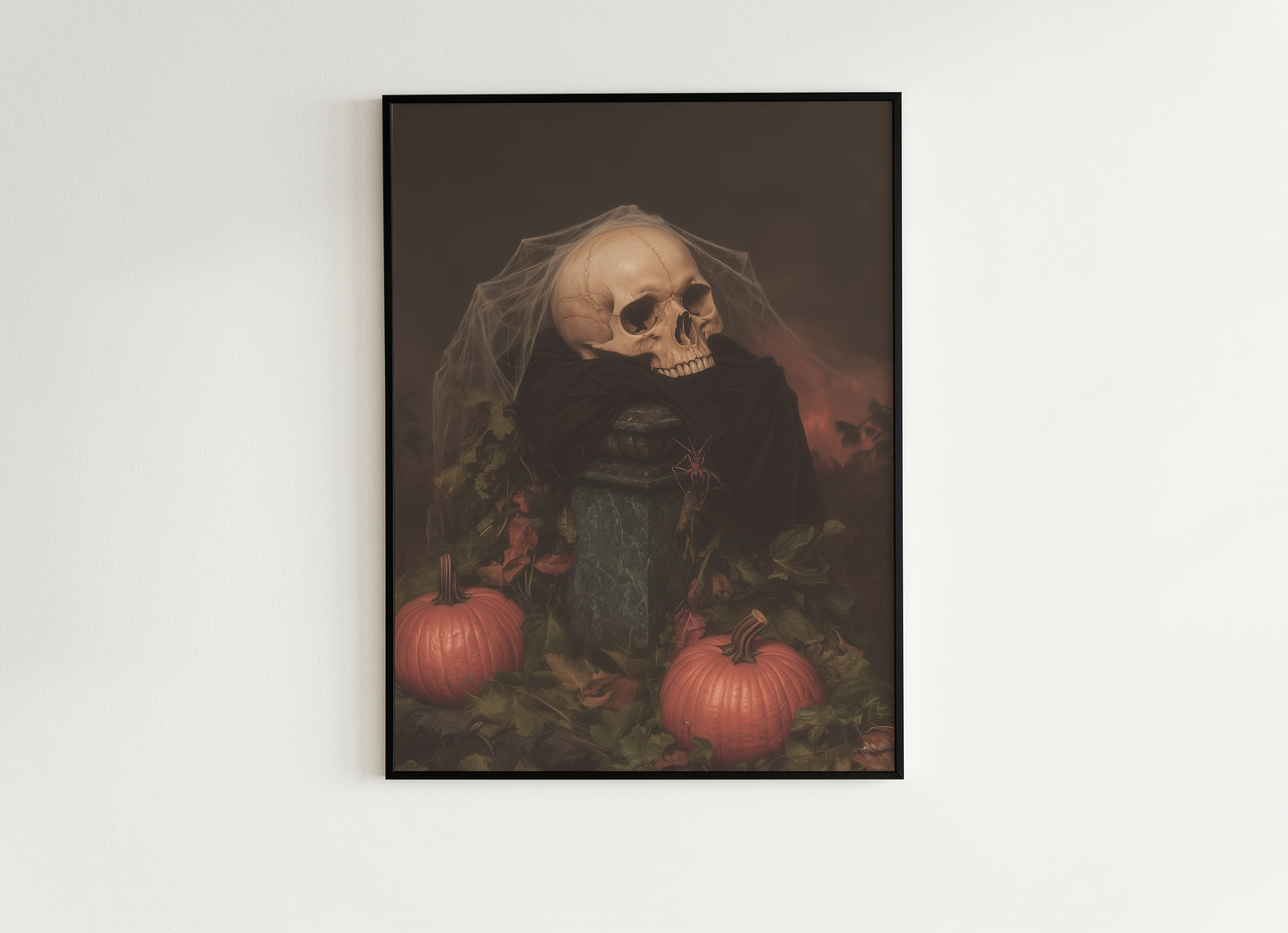 Vintage Skull and Pumpkin Halloween Wall Art Print, Autumn Spooky Vibes Poster, Dark Academia Decor, Witchy Interiors, Cottagecore Painting