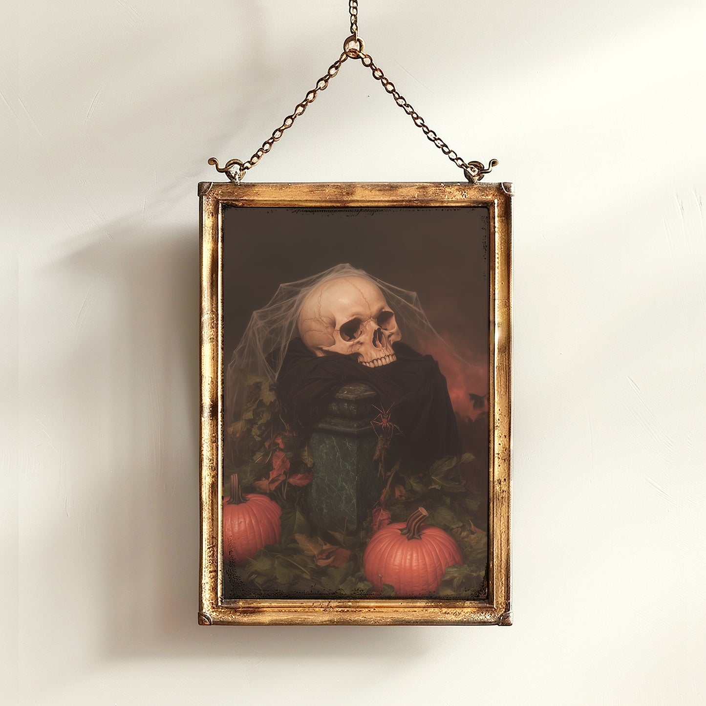 Vintage Skull and Pumpkin Halloween Wall Art Print, Autumn Spooky Vibes Poster, Dark Academia Decor, Witchy Interiors, Cottagecore Painting