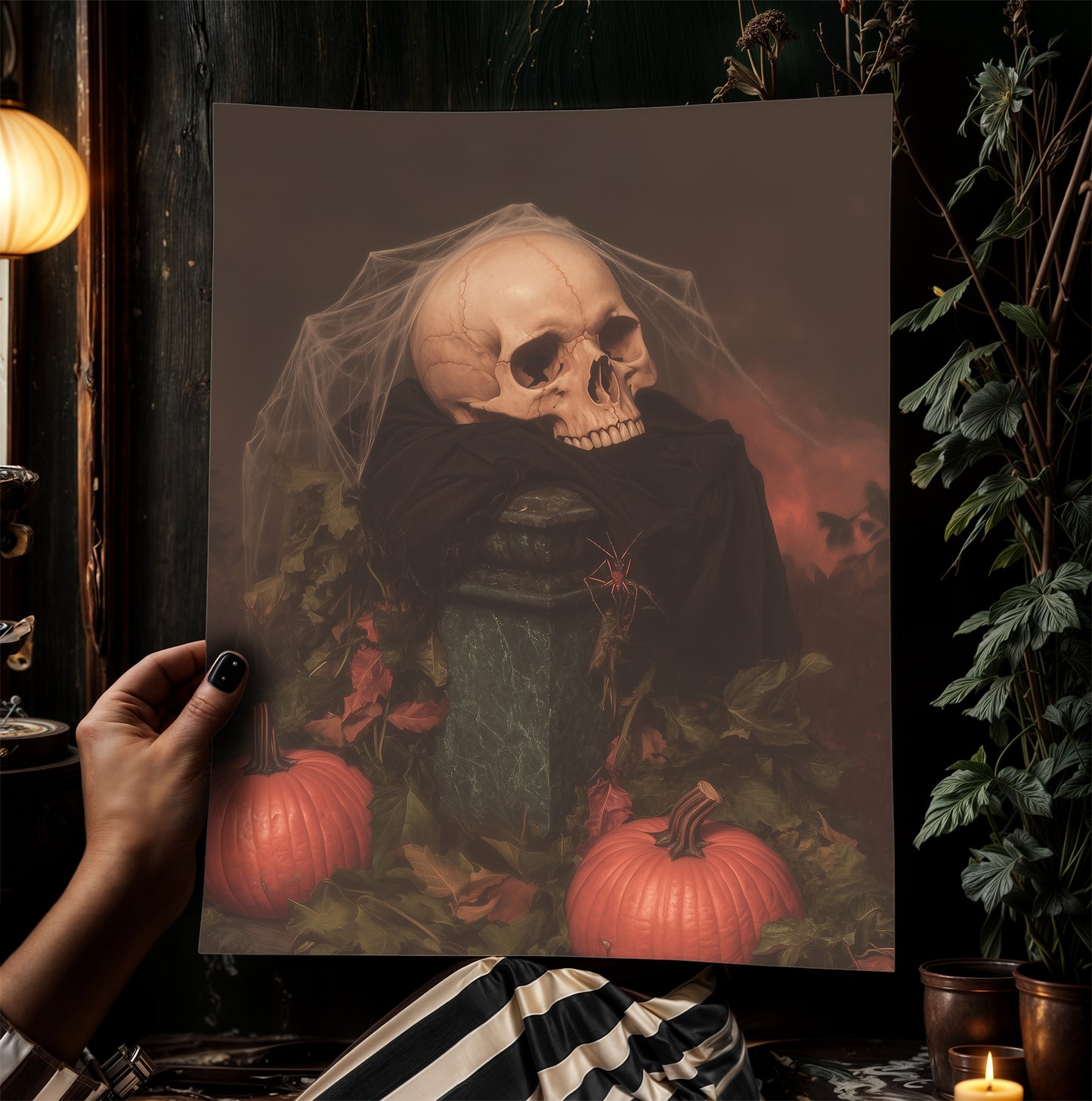 Vintage Skull and Pumpkin Halloween Wall Art Print, Autumn Spooky Vibes Poster, Dark Academia Decor, Witchy Interiors, Cottagecore Painting