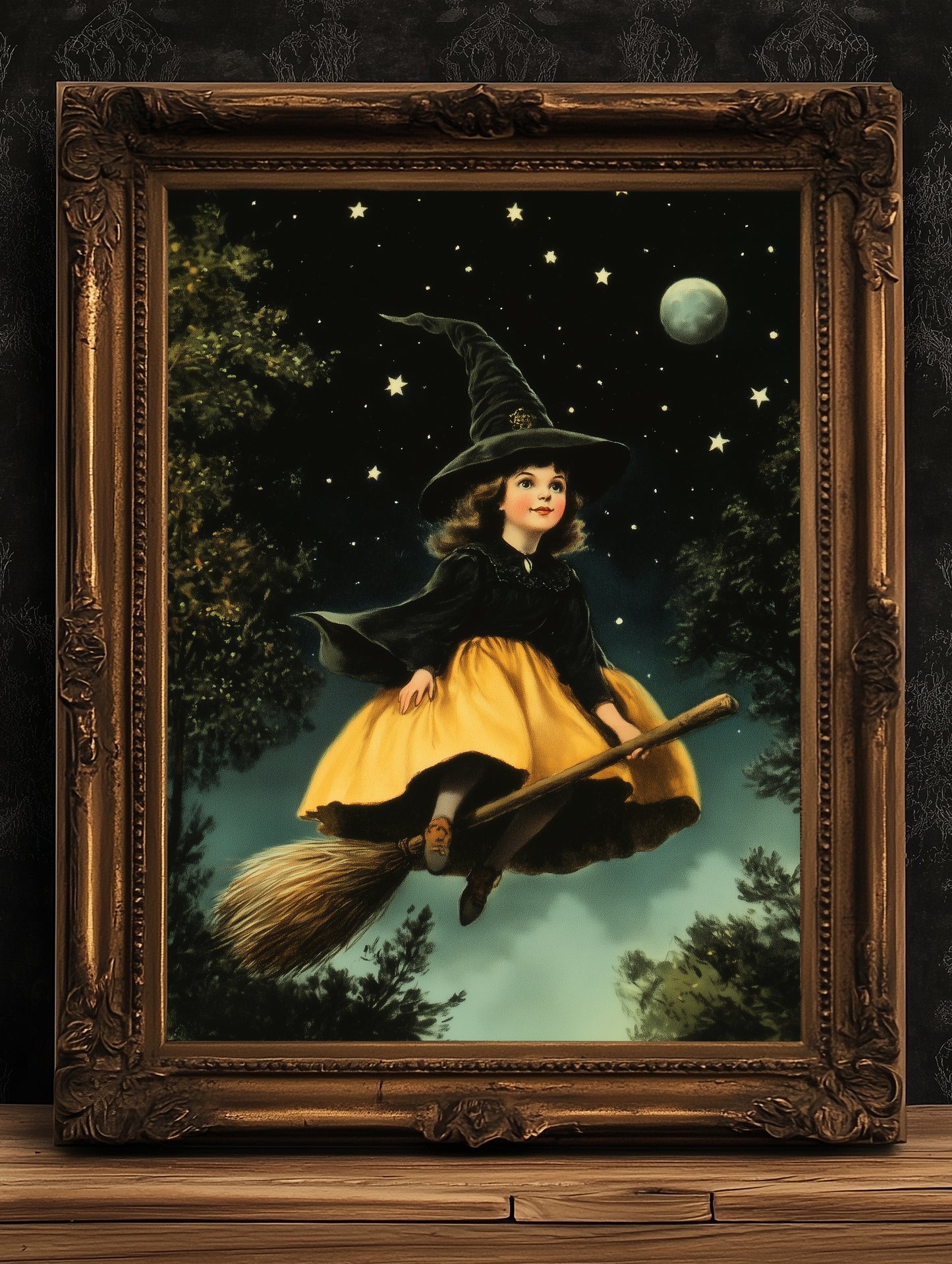 Vintage Halloween Little Witch Wall Art Print, Whimsigoth Decor, Cottagecore Poster, Flying Witch On Broom Painting, Spooky Season Vibes