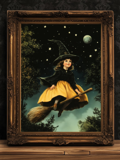 Vintage Halloween Little Witch Wall Art Print, Whimsigoth Decor, Cottagecore Poster, Flying Witch On Broom Painting, Spooky Season Vibes