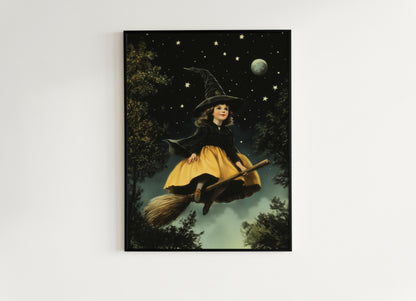 Vintage Halloween Little Witch Wall Art Print, Whimsigoth Decor, Cottagecore Poster, Flying Witch On Broom Painting, Spooky Season Vibes