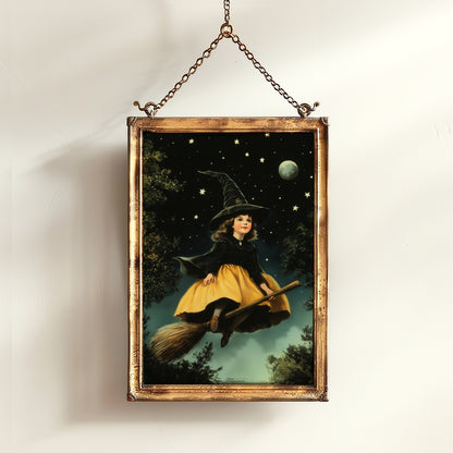 Vintage Halloween Little Witch Wall Art Print, Whimsigoth Decor, Cottagecore Poster, Flying Witch On Broom Painting, Spooky Season Vibes