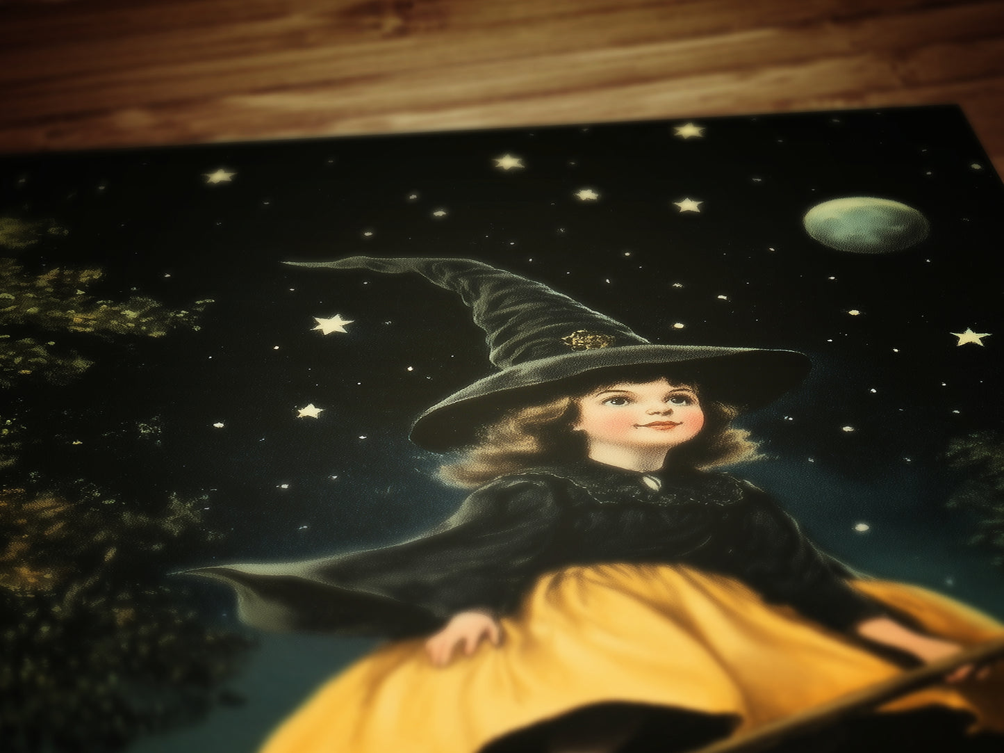 Vintage Halloween Little Witch Wall Art Print, Whimsigoth Decor, Cottagecore Poster, Flying Witch On Broom Painting, Spooky Season Vibes