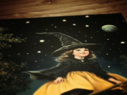 Vintage Halloween Little Witch Wall Art Print, Whimsigoth Decor, Cottagecore Poster, Flying Witch On Broom Painting, Spooky Season Vibes