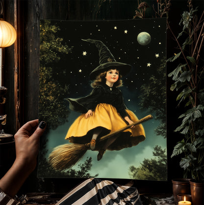 Vintage Halloween Little Witch Wall Art Print, Whimsigoth Decor, Cottagecore Poster, Flying Witch On Broom Painting, Spooky Season Vibes