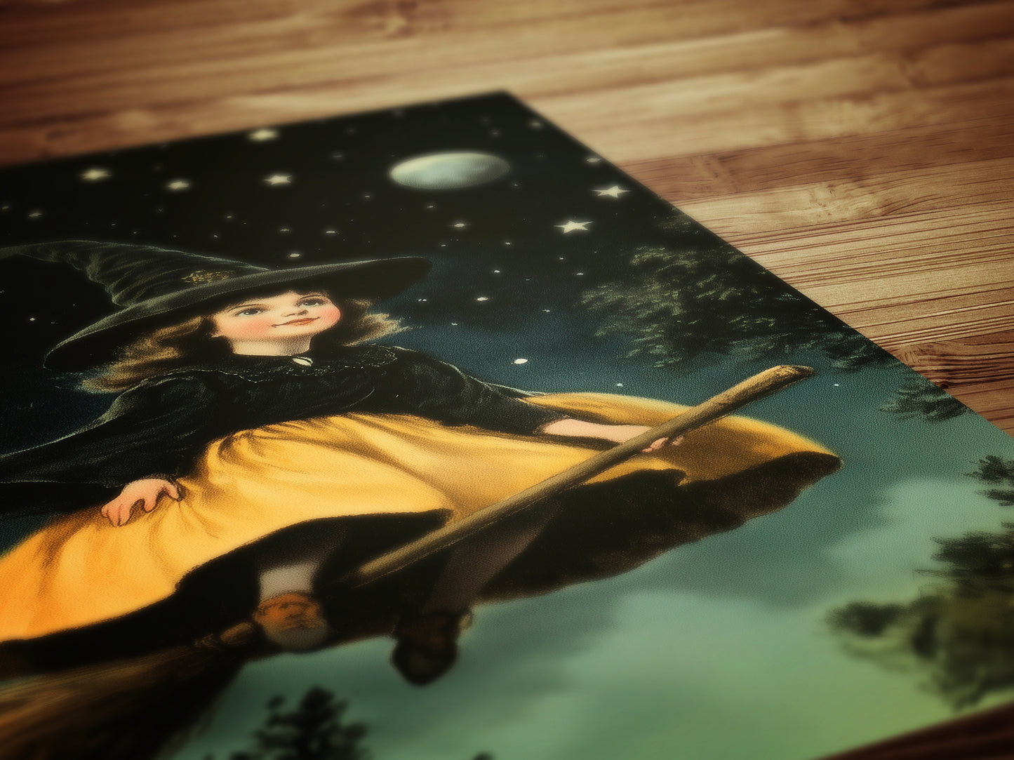 Vintage Halloween Little Witch Wall Art Print, Whimsigoth Decor, Cottagecore Poster, Flying Witch On Broom Painting, Spooky Season Vibes