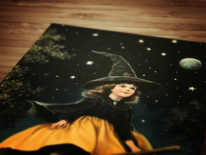 Vintage Halloween Little Witch Wall Art Print, Whimsigoth Decor, Cottagecore Poster, Flying Witch On Broom Painting, Spooky Season Vibes