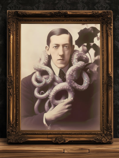 HP Lovecraft Cthulhu Kraken Poster, Vintage Victorian Horror, Victorian Print, Vintage Photography, Lovecraft portrait, Creepy Poster.